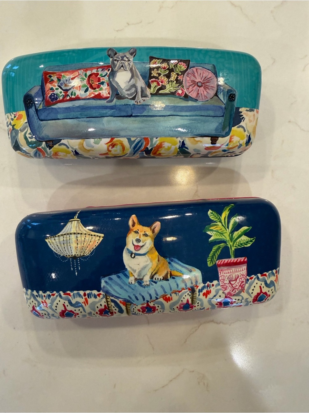 Colorful Dog-Illustrated Hard Sunglasses Case - Blue & Teal